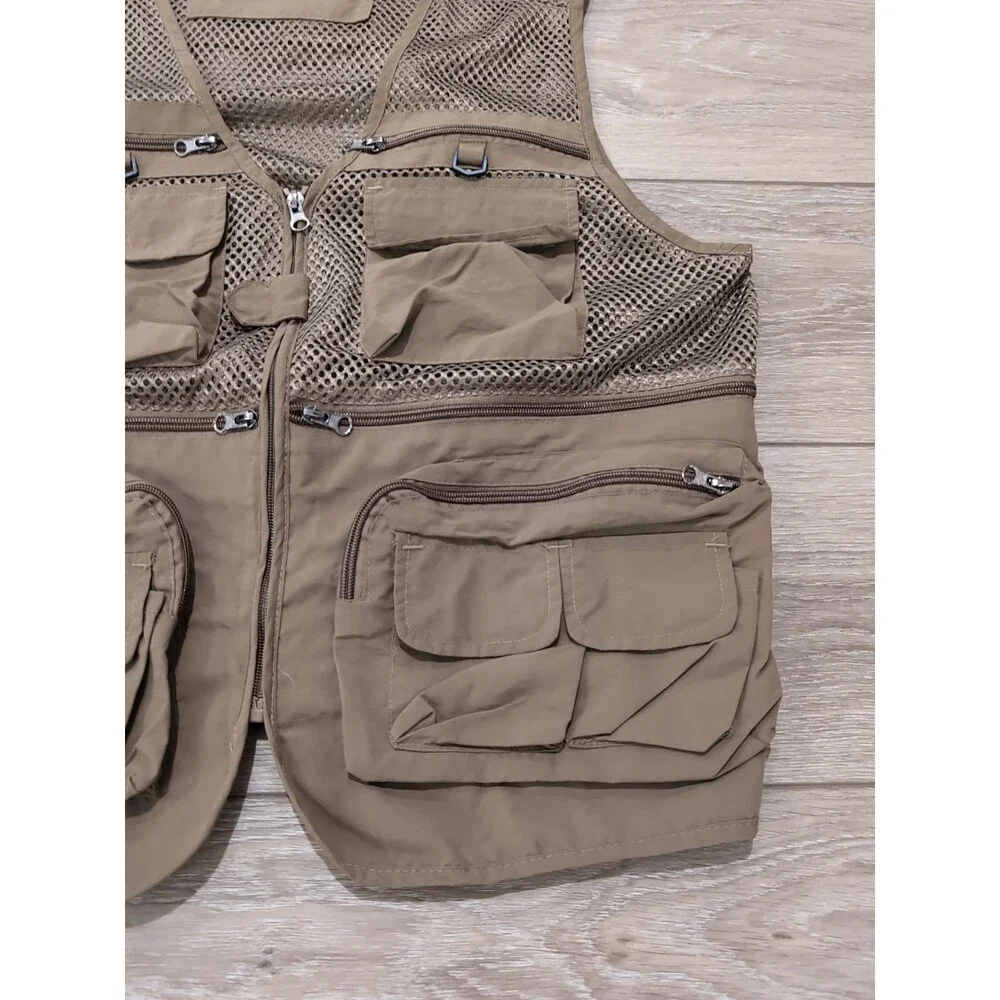 OUTDOOR MESH FLY FISHING VEST KHAKI UTILITY CARGO MEN'S SIZE LARGE EUC